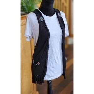 NWT Rock And Roll Cowgirl Western Black Beaded Fringe Jersey Vest Sz Large